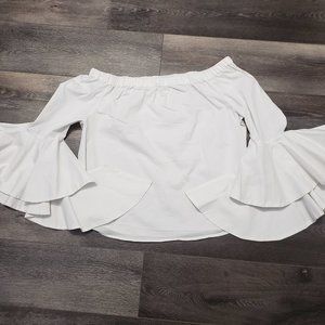 New York & Company White Ruffle Bell Sleeve Off Shoulder Blouse Size Medium